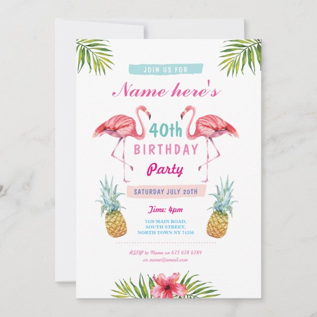 Aloha 40th Birthday Party Invite Flamingo Tropical (Front)