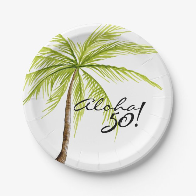 Aloha 50th Birthday Adult Palm Tree Beach Party Paper Plates (Front)