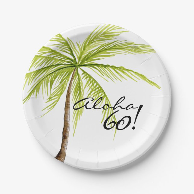 Aloha 60th Birthday Adult Palm Tree Beach Party Paper Plates (Front)