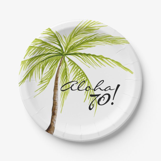 Aloha 70th Birthday Adult Palm Tree Beach Party Paper Plates (Front)