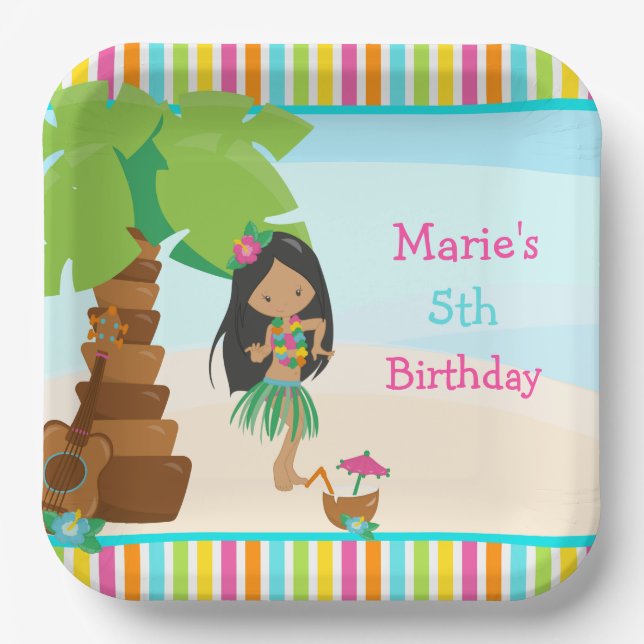 Aloha African American Girl Party Paper Plates (Front)