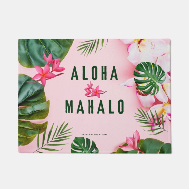 ALOHA AND MAHALO - PINK GREEN - DOOR MAT RUG (Front)