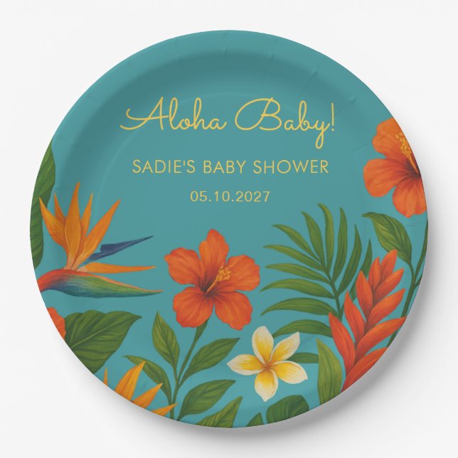 Aloha Baby! Chic Tropical Baby Shower Paper Plates (Front)