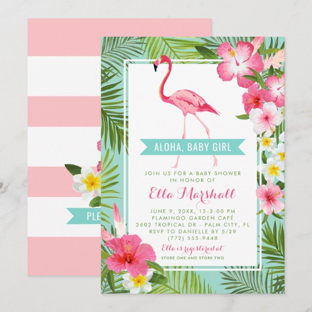 Aloha Baby Girl Flamingo Aqua Teal Shower Invitation (Front/Back)