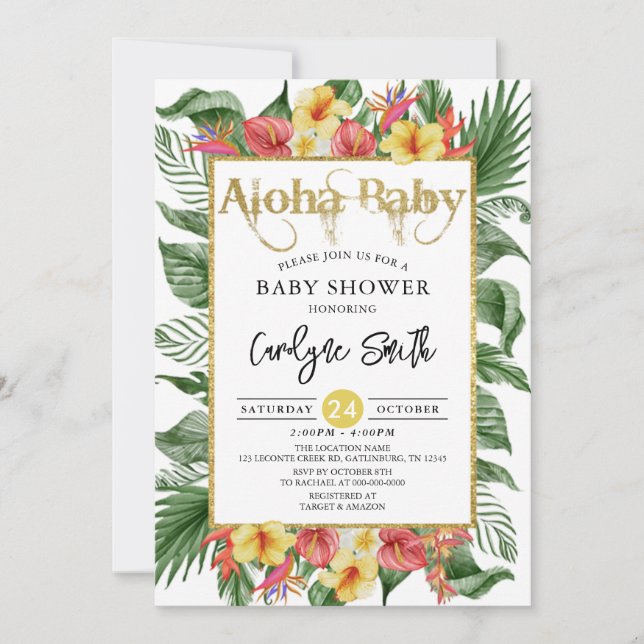 Aloha Baby Gold Tropical Baby Shower Invitation (Front)