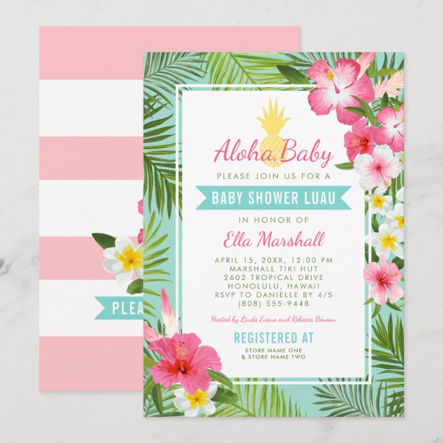 Aloha Baby Pineapple Aqua Luau Girl Shower Invitation (Front/Back)