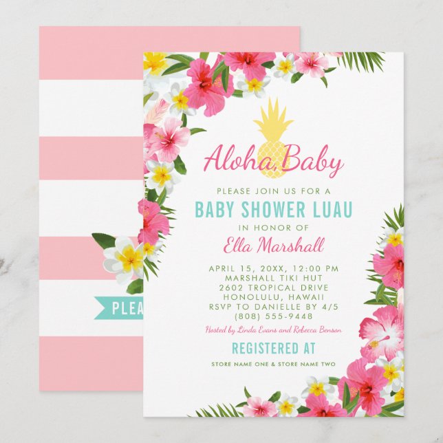 Aloha Baby Pineapple Luau Girl Baby Shower Invitation (Front/Back)