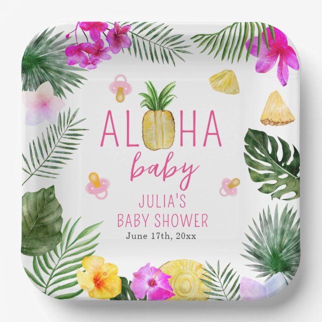Aloha Baby Pineapples & Pacifiers Baby Shower Luau Paper Plates (Front)