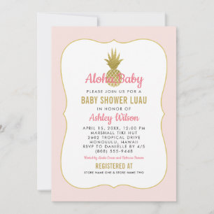 Aloha Baby Pink Gold Pineapple Luau Shower Invitation