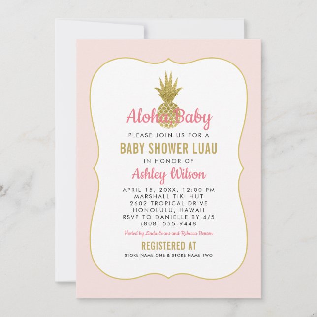 Aloha Baby Pink Gold Pineapple Luau Shower Invitation (Front)