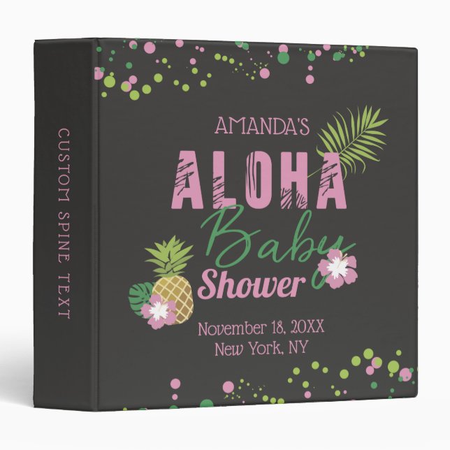 Aloha Baby Pink & Green Pineapple Palm Baby Shower 3 Ring Binder (Front/Spine)