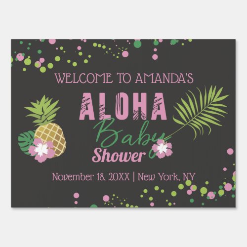 Aloha Baby Pink  Green Pineapple Palm Baby Shower Sign