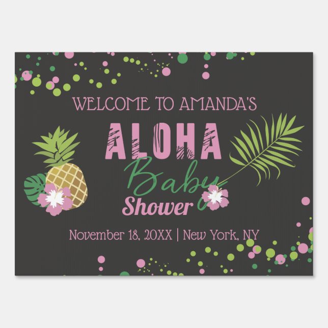 Aloha Baby Pink & Green Pineapple Palm Baby Shower Sign (Front)