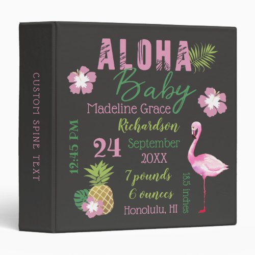 Aloha Baby Pink  Green Tropical Baby Birth Stats 3 Ring Binder