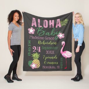 Aloha Baby Pink & Green Tropical Baby Birth Stats Fleece Blanket