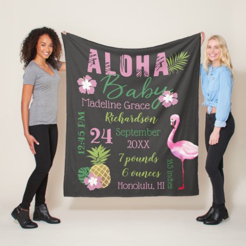 Aloha Baby Pink  Green Tropical Baby Birth Stats Fleece Blanket