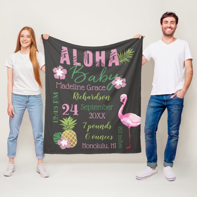 Aloha Baby Pink & Green Tropical Baby Birth Stats Fleece Blanket (In Situ)