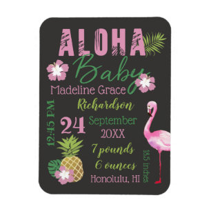 Aloha Baby Pink & Green Tropical Baby Birth Stats Magnet