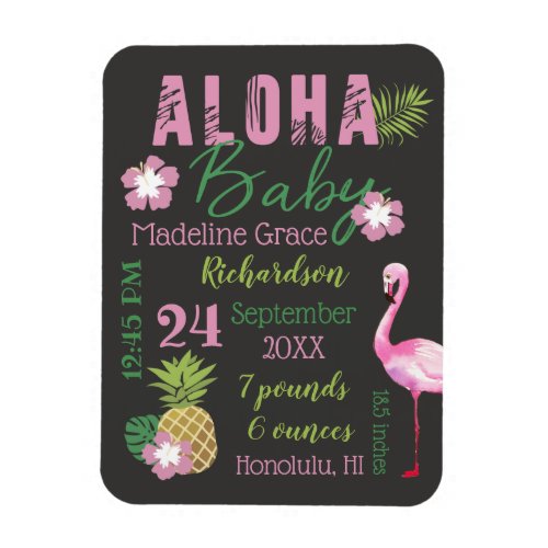 Aloha Baby Pink  Green Tropical Baby Birth Stats Magnet