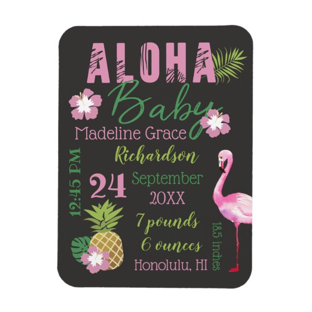 Aloha Baby Pink & Green Tropical Baby Birth Stats Magnet (Vertical)