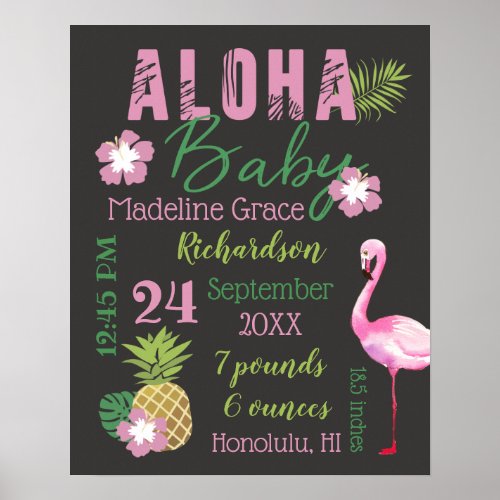 Aloha Baby Pink  Green Tropical Baby Birth Stats Poster