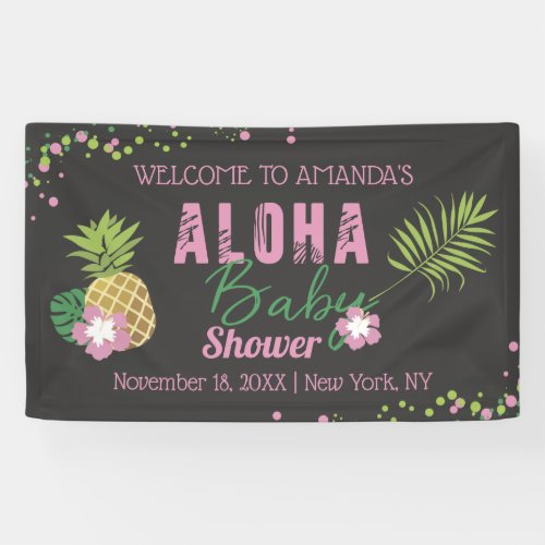 Aloha Baby Pink Green Tropical Baby Shower Welcome Banner
