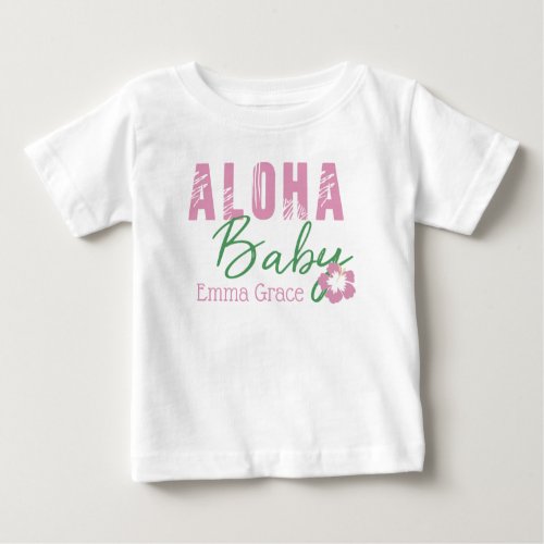 Aloha Baby Pink  Green Tropical Flower Monogram Baby T_Shirt