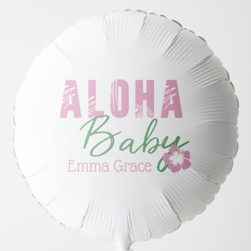Aloha Baby Pink  Green Tropical Flower Monogram Balloon