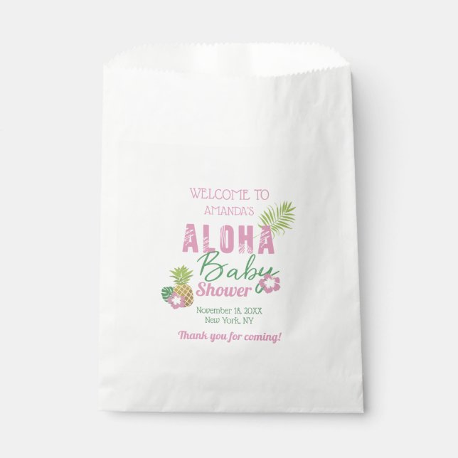 Aloha Baby Pink & Green Tropical Girl Baby Shower Favor Bag (Front)