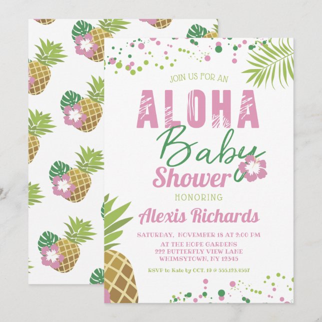 Aloha Baby Pink & Green Tropical Girl Baby Shower Invitation (Front/Back)