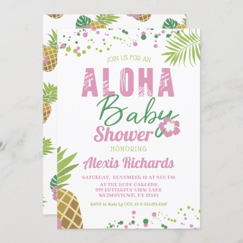 Aloha Baby Pink  Green Tropical Girl Baby Shower Invitation