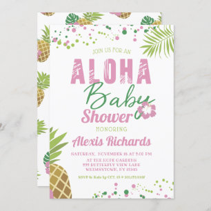 Aloha Baby Pink & Green Tropical Girl Baby Shower Invitation
