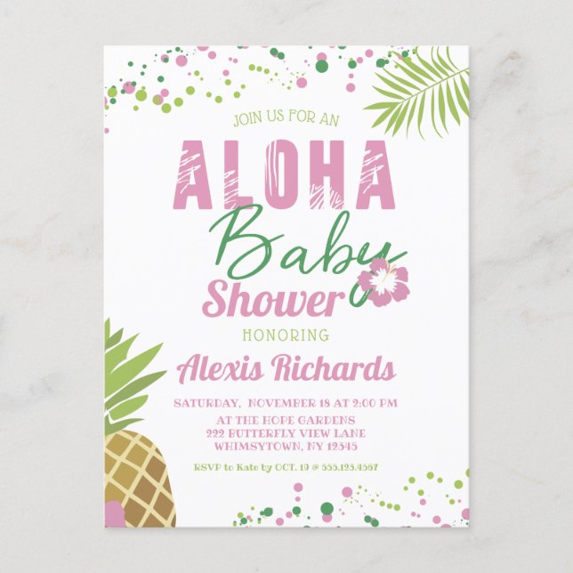 Aloha Baby Pink & Green Tropical Girl Baby Shower Invitation Postcard (Front)