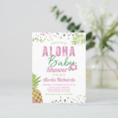 Aloha Baby Pink & Green Tropical Girl Baby Shower Invitation Postcard (Standing Front)