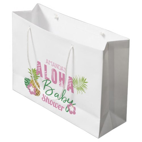 Aloha Baby Pink  Green Tropical Girl Baby Shower Large Gift Bag