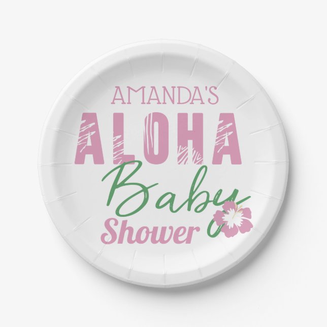 Aloha Baby Pink & Green Tropical Girl Baby Shower Paper Plates (Front)