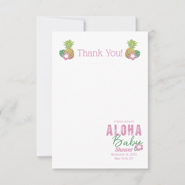 Aloha Baby Pink Green Tropical Pineapple Thank You Card (Front)