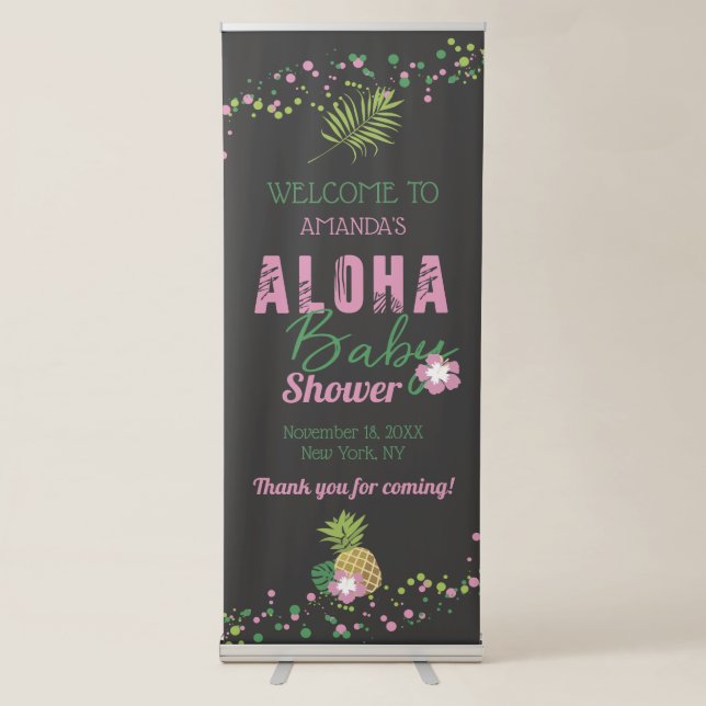 Aloha Baby Pink Pineapple Baby Shower Welcome Retractable Banner (Front)