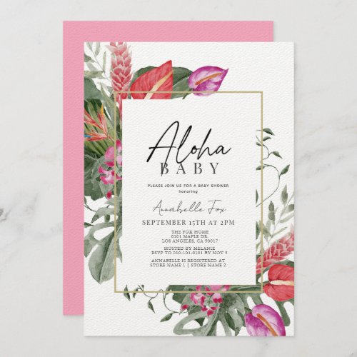 Aloha Baby Pink  Red Tropical Floral Baby Shower Invitation
