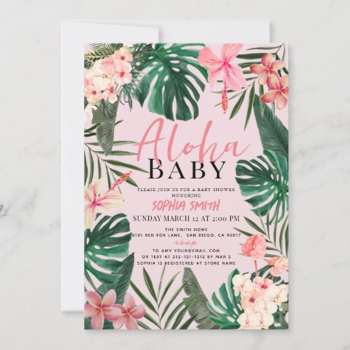 Aloha Baby Pink Tropical Floral Girl Baby Shower Invitation