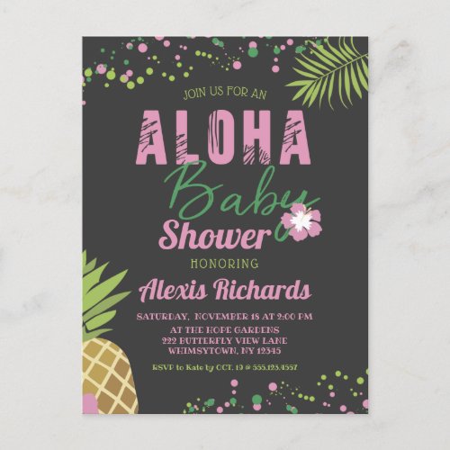 Aloha Baby Pink Tropical Girl Baby Shower Dark Invitation Postcard