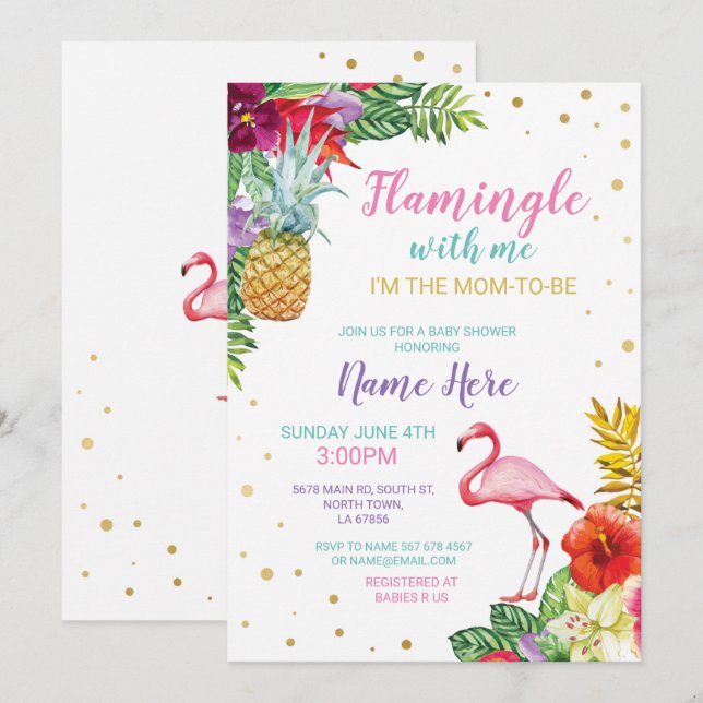 Aloha Baby Shower Flamingo Girl Boy Gold Invite (Front/Back)