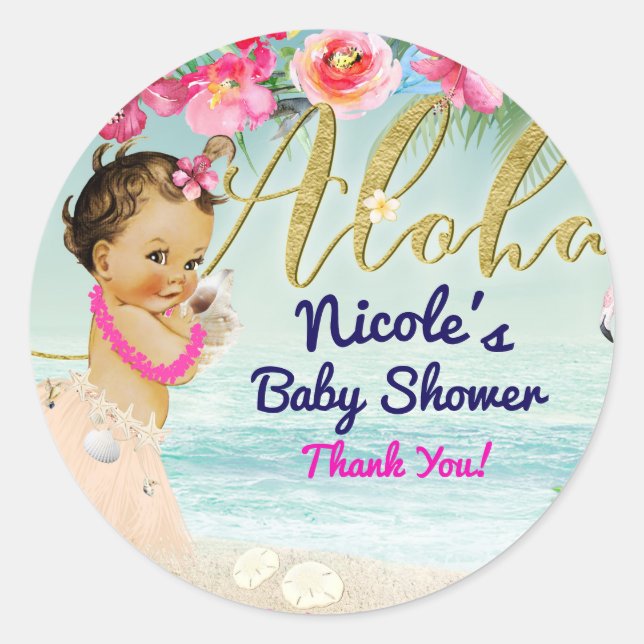 Aloha Baby Shower Hawaiian Retro Beach Party Favor Classic Round Sticker (Front)