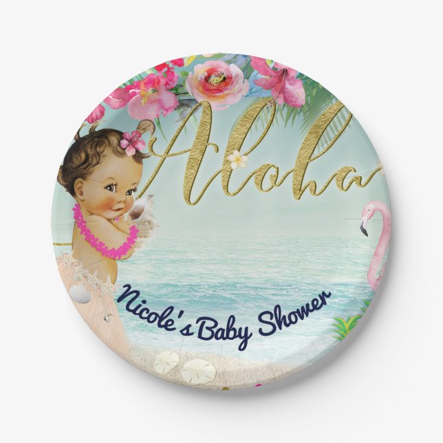 Aloha Baby Shower Retro Hawaiian Beach Party Paper Plates (Front)