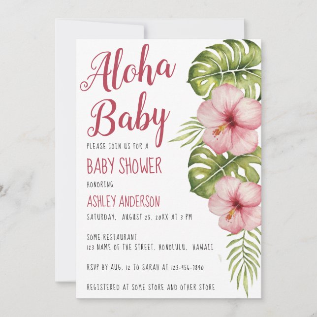 Aloha Baby Shower Tropical Floral Watercolor Pink Invitation (Front)