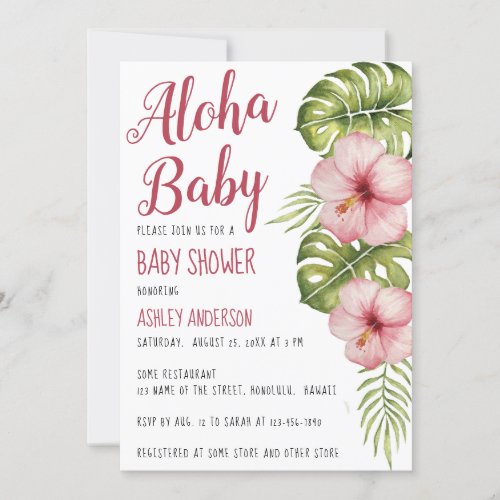 Aloha Baby Shower Tropical Floral Watercolor Pink Invitation