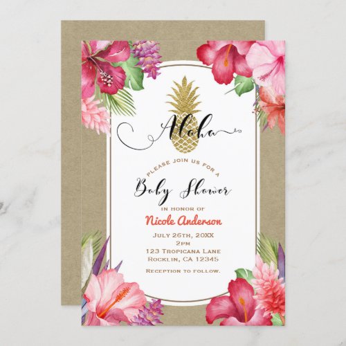 Aloha Baby Shower Tropical Gold Pineapple Floral Invitation