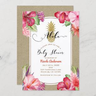 Aloha Baby Shower Tropical Gold Pineapple Floral Invitation