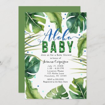Aloha Baby Shower Tropical Leaves Blue Green Invitation by printabledigidesigns at Zazzle