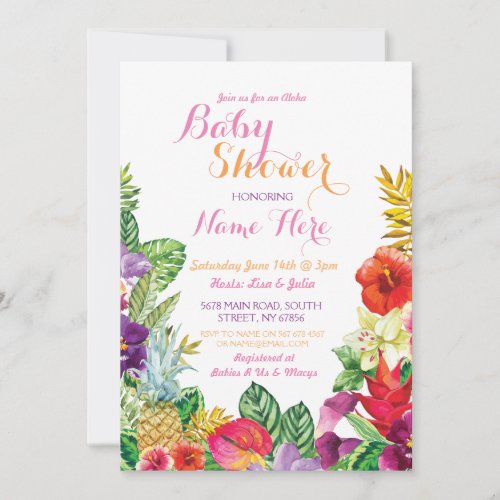 Aloha Baby Shower Tropical Luau Pink Invite
